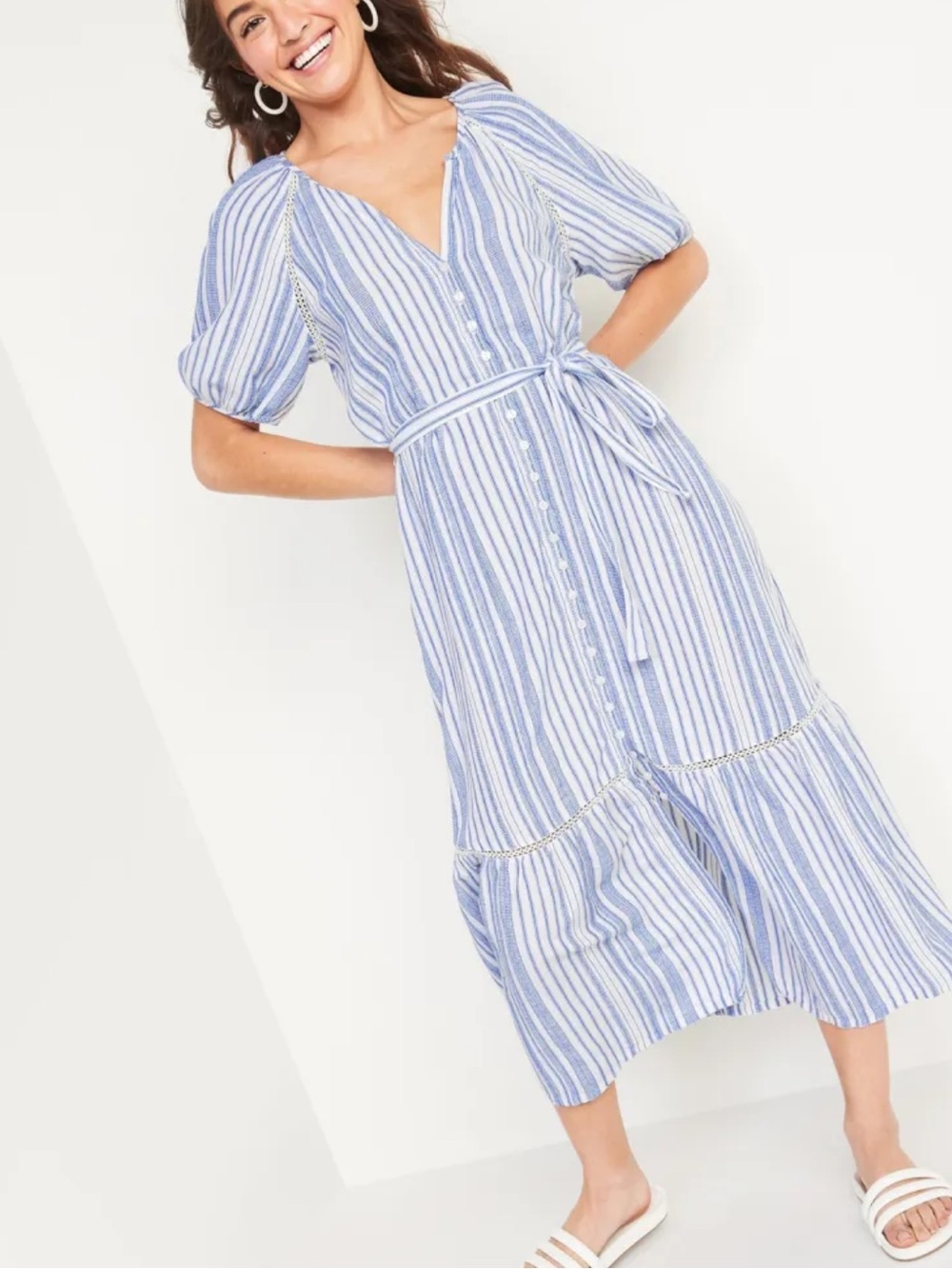 Old Navy Striped Blue and White Button-Front Midi Dress with Tie Waist